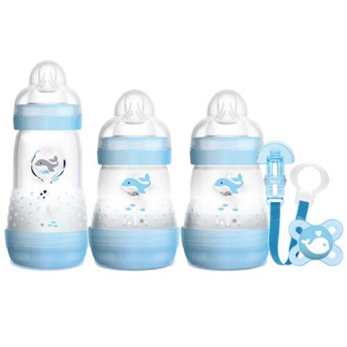 Mam Welcome to the World Gift Set for Newborns 0m+ Σετ με 3 Μπιμπερό με Θηλή Σιλικόνης Κατά των Κολικών & Πιπίλα Σιλικόνης & Κορδέλα Στήριξης Μπλε Φάλαινα Κωδ 660 1 Τεμάχια